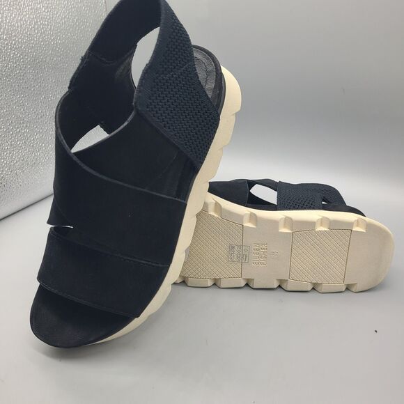 Eileen Fisher Chant  Black Leather/ Mesh Platform Wedge Sandal Sz 7.5 floor pair - Picture 9 of 10